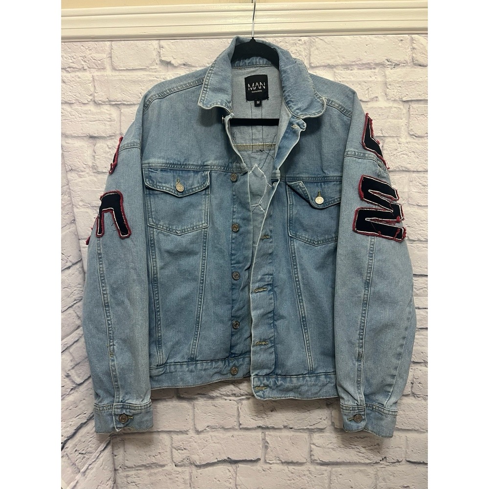 Boohoo Man Embroidered Meditate Varsity Light Wash Denim Jacket Size M